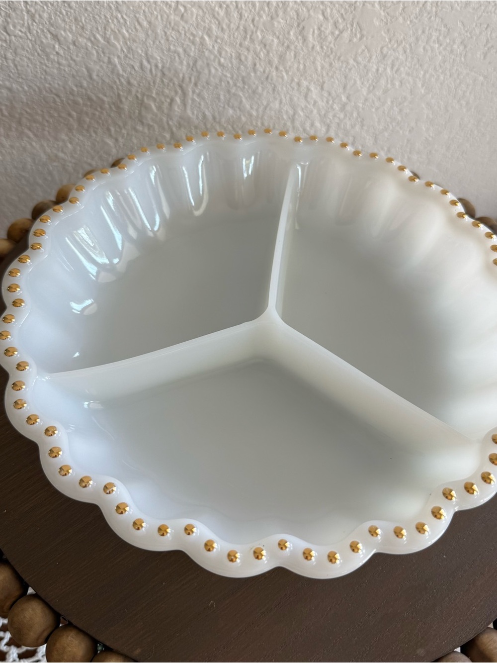 White Milk Glass Divided Serving Dish with Gold Trim